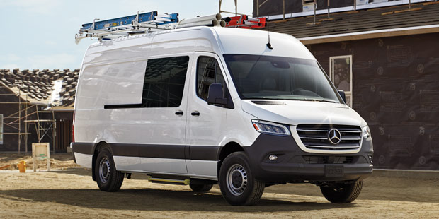Sprinter van in front of a field of spring flowers.